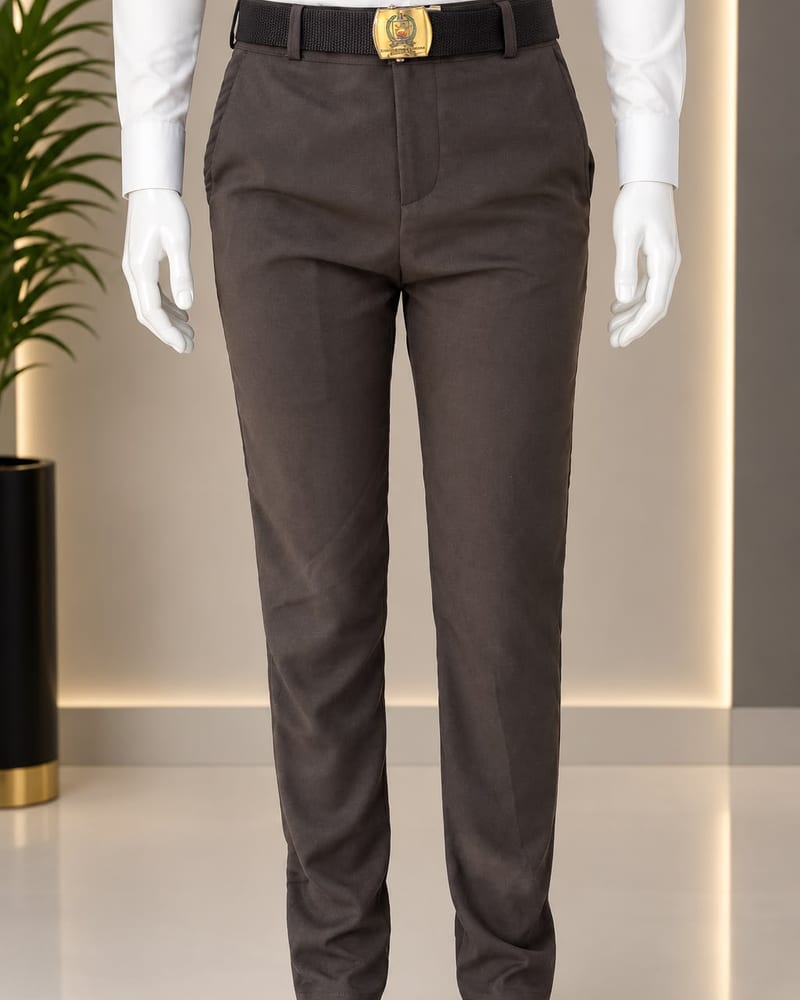 Calça social marrom do Colégio Militar disponível na Rhegallo